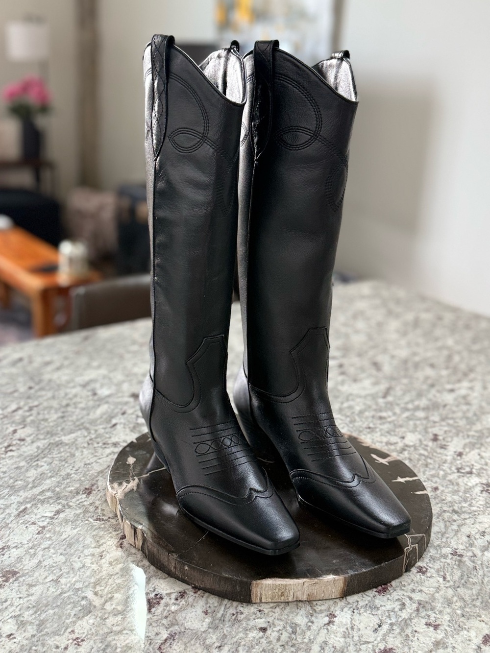 Steve Madden Dollie Black Leather Tall Western Boots Never Worn Cowboy Riding - Picture 3 of 11